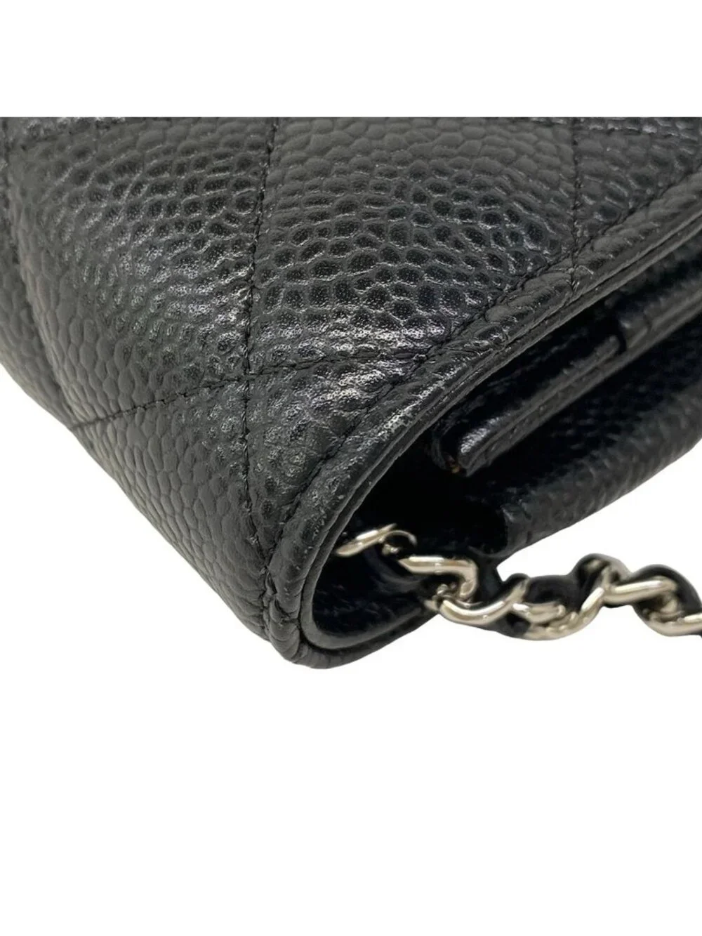 Chanel Wallet Quilted Black Chain Metal Silver Shoulder